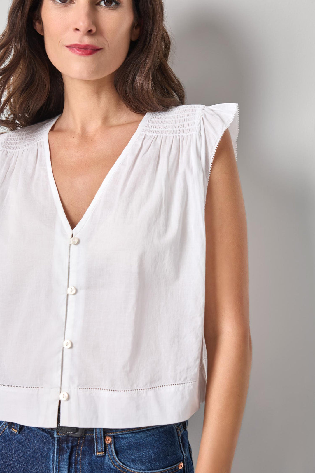 Smocked Shoulder V-Neck
