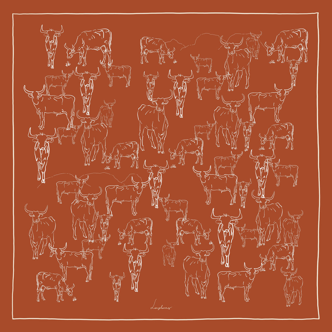 Burnt Orange Longhorn Silk Crepe Scarf | 35.5" Square Silk Scarf